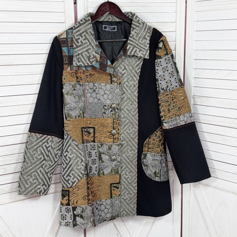 Zashi Embroidered Patchwork Tapestry Overcoat Bla… - image 8